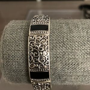 Silver Tone Stretch Bracelet with Black Stones Artisan Look